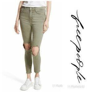 Free People High-Waisted Olive Green Distressed Skinny Jeans